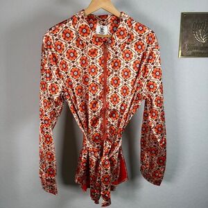 Lil Bees Bohemian‎ Retro 70s Floral Geometric Zip Front Tunic Orange 2X NEW